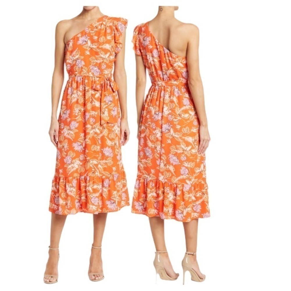 NWT! Collective Concepts One Shoulder Tie Midi Dress in Coral Floral. Size M.